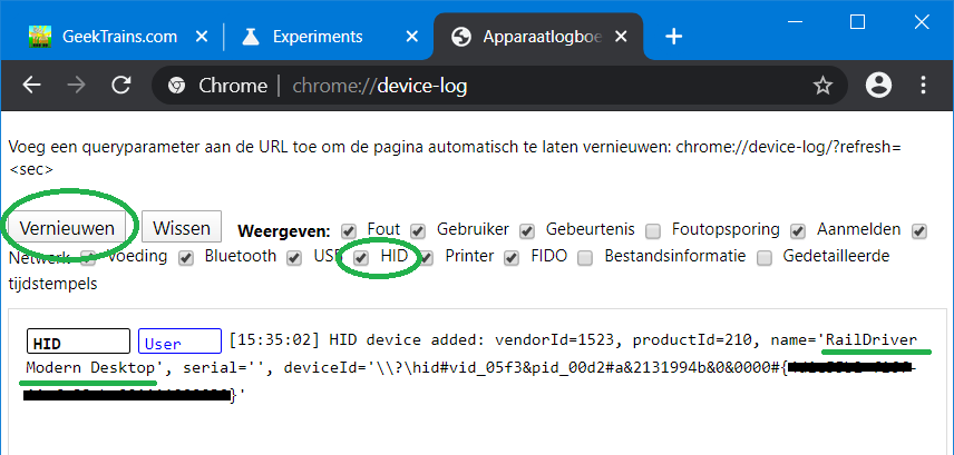 Google Chrome (Beta): Check the Device Log for the listing of the Raildriver Modern Desktop HID device
