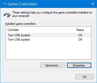 Windows 10 Game Controllers dialog