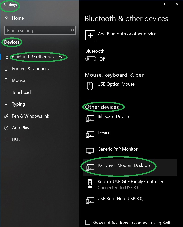 Windows 10 Settings: Find the Rail Driver Modern Desktop in the Device List